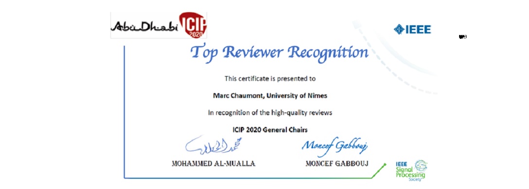 ICIP 2020 Top Reviewer Recognition for Marc Chaumont.