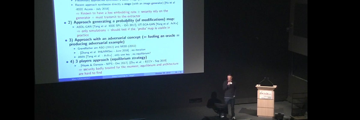 October 2018: Marc Chaumont presented a survey Deep Learning in Steganography and Steganalysis 
						since 2015 at the Image Signal & Security Mini-Workshop at Rennes (France)