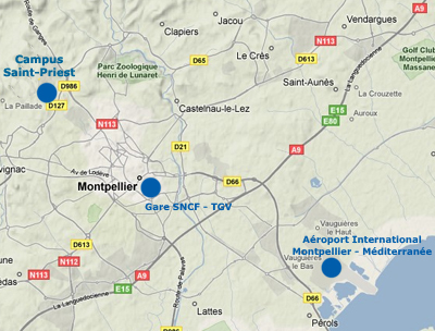Map showing Montpellier airport, train station and Campus Saint Priest